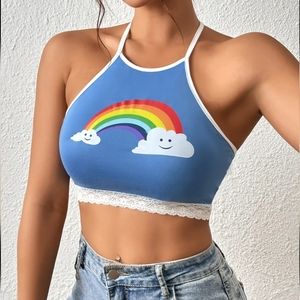 Rainbow Lace Halter Top Crop Tank Top Blue With Rainbow Cloud Graphic XS-L